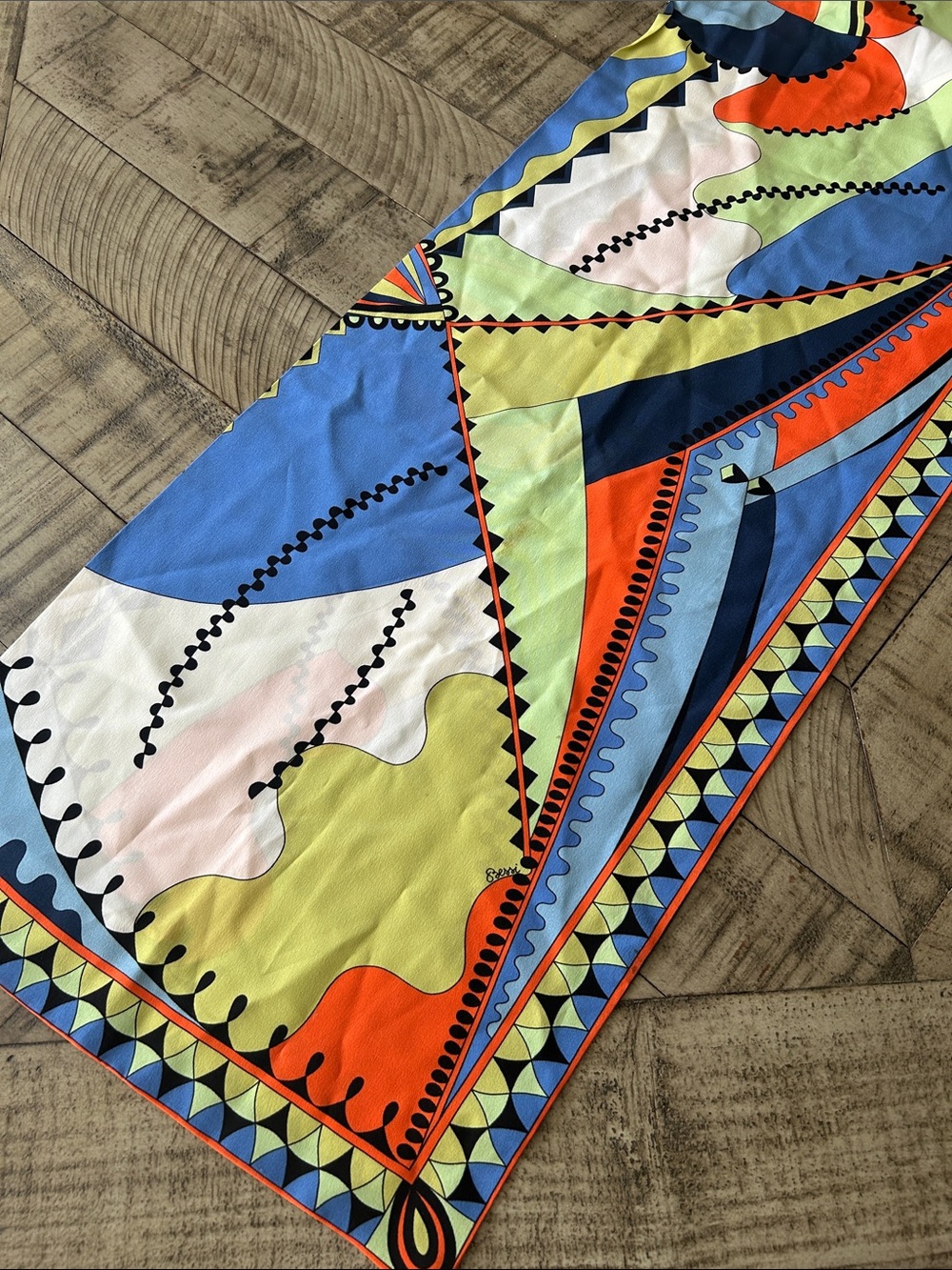Vibrant Multicolor Geometric Silk-Feel Scarf - (Unknown) - Blue, Orange, Green